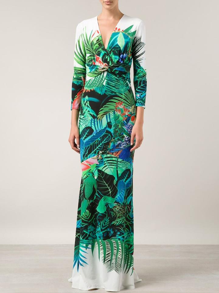 Romwe Green V Neck Length Sleeve Print Dress
