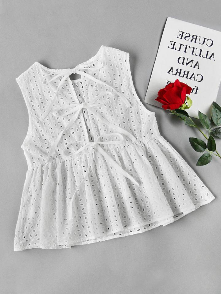 Romwe Split Tie Back Eyelet Embroidered Peplum Shell Top