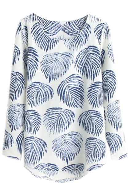 Romwe Leaf Print Asymmetric Blue Blouse