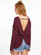Romwe Burgundy Drop Shoulder Twisted Drape Back T-shirt