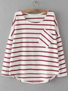 Romwe Red Dropped Shoulder Seam Striped Dip Hem Pocket T-shirt