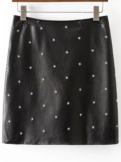 Romwe Black Star Studded Back Zipper Pu Skirt