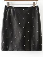 Romwe Black Star Studded Back Zipper Pu Skirt