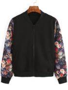 Romwe Contrast Florals Zipper Black Jacket