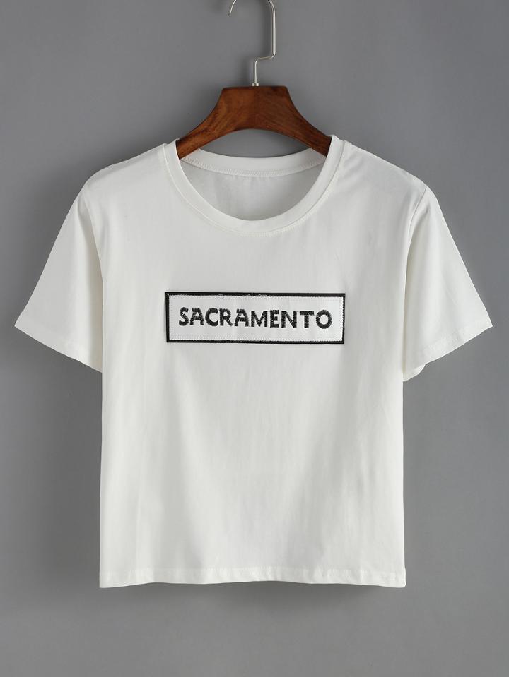 Romwe Letters Embroidered Patch White T-shirt