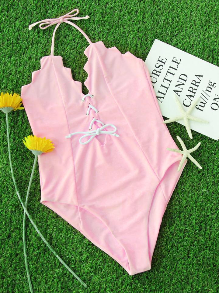 Romwe Lace Up Plunge Neck Beach One Piece Swimsuit