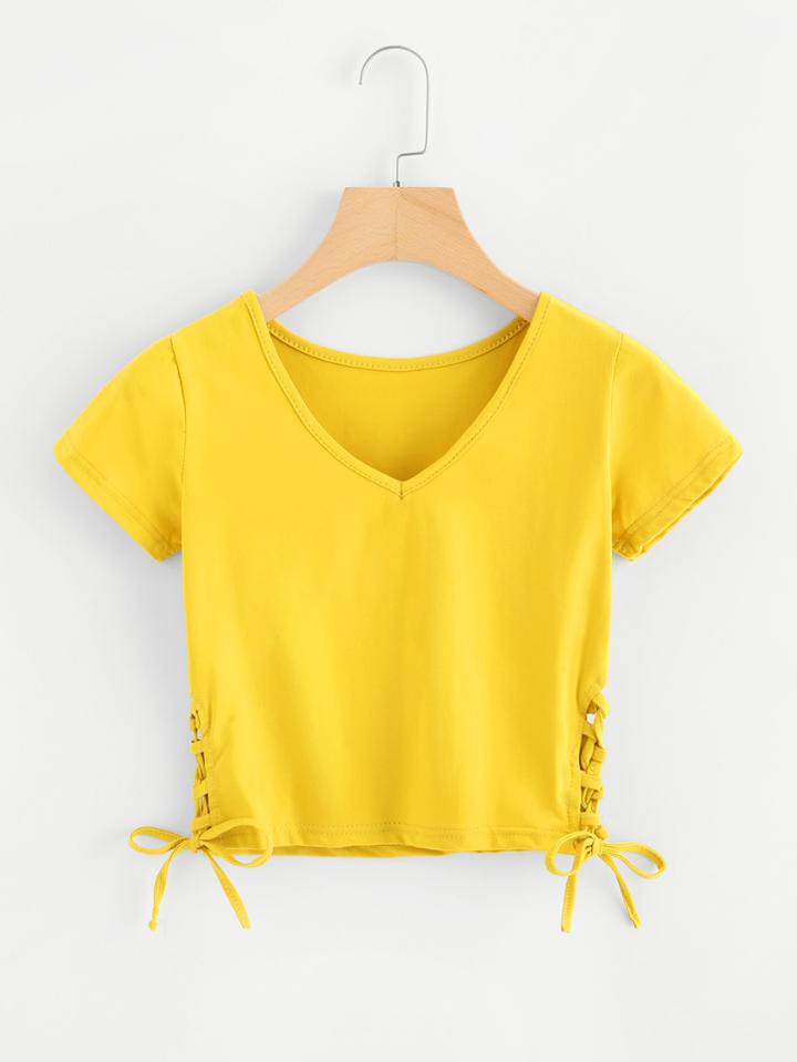Romwe V Neckline Knot Side Crop Tee