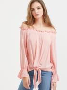 Romwe Pink Off The Shoulder Knotted Hem Ruffle Top