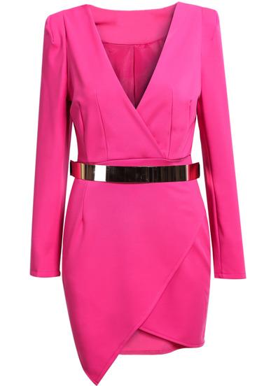 Romwe V Neck Asymmetric Bodycon Rose Red Dress With Belt
