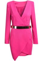 Romwe V Neck Asymmetric Bodycon Rose Red Dress With Belt