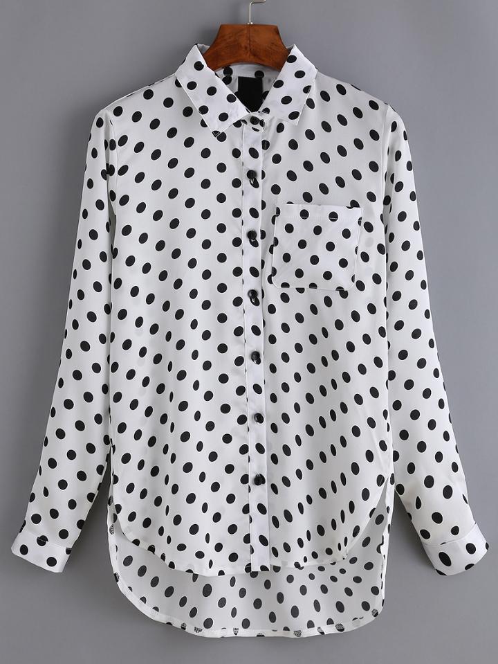 Romwe Dip Hem Polka Dot Blouse With Pocket