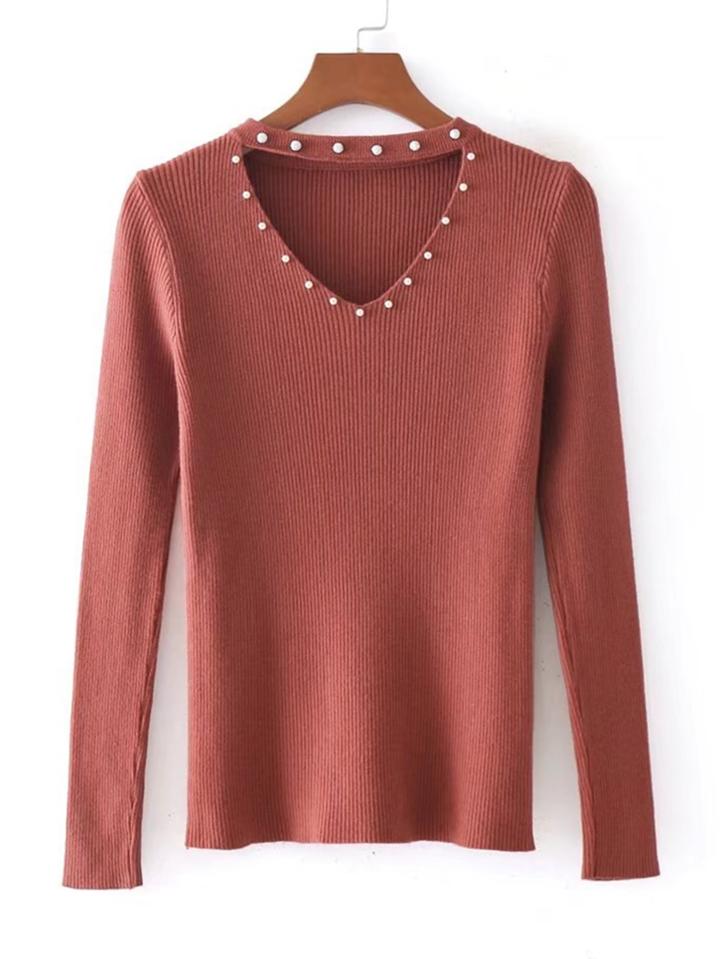 Romwe Faux Pearl Embellished Choker V Neck Knitwear