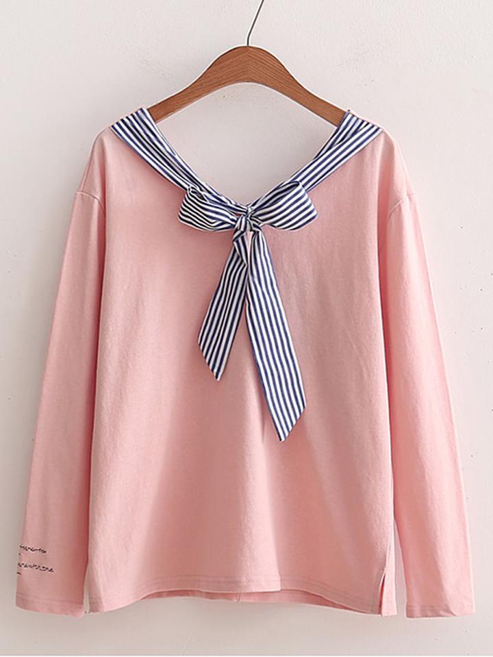 Romwe Contrast Striped Bow Tie Neck Tee