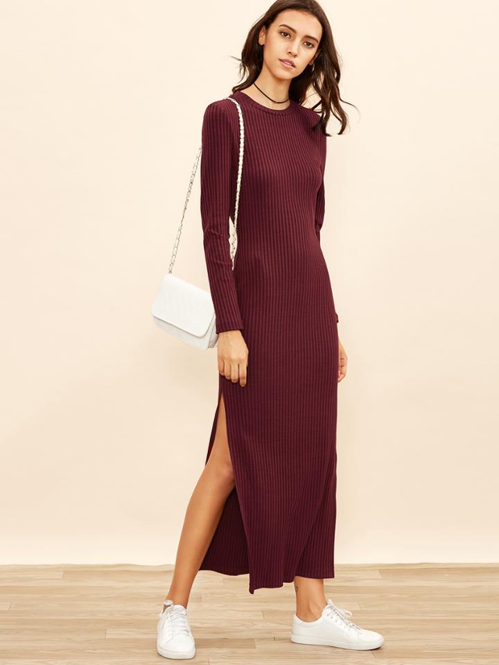 Romwe Burgundy Long Sleeve High Slit Ribbed Dress