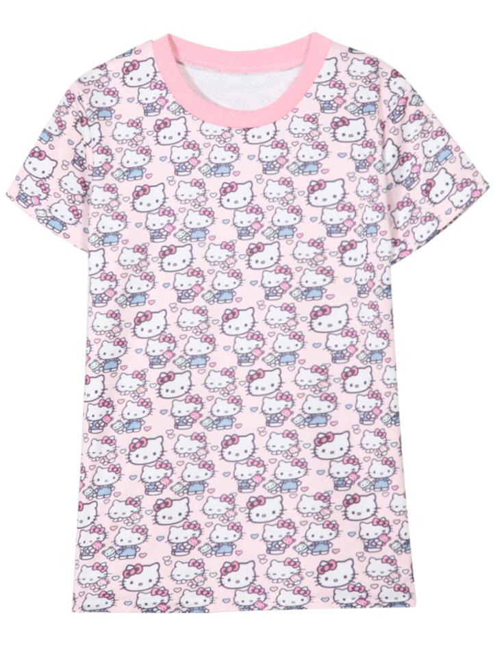 Romwe Round Neck Kitty Cat Print Pale Pink T-shirt