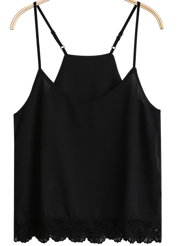 Romwe Lace Strap Black Chiffon Cami Top