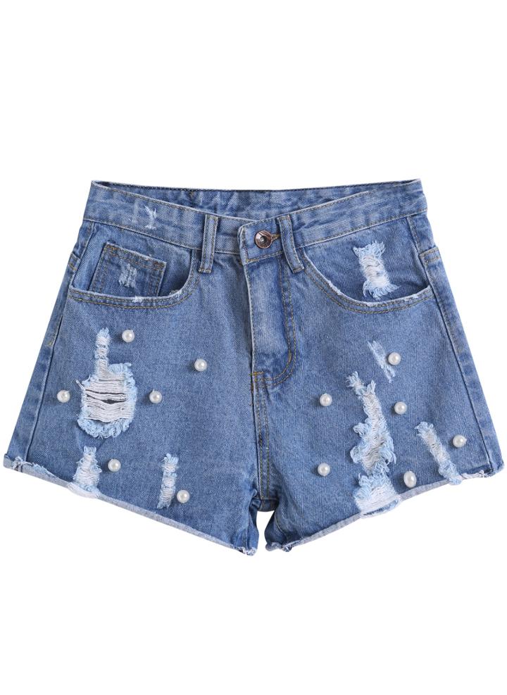 Romwe Blue Ripped Bead Denim Shorts