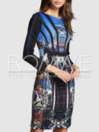 Romwe Multicolor Round Neck Printed Sheath Dress