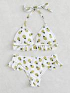 Romwe Pineapple Print Ruffle Trim Halter Bikini Set
