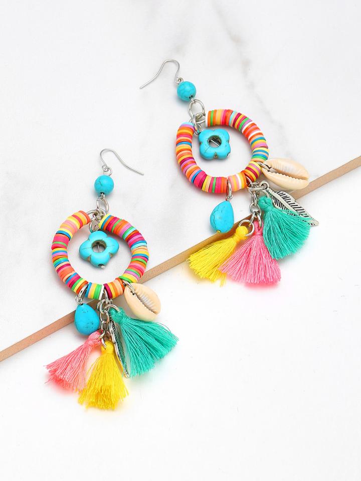 Romwe Tassel & Turquoise Decorated Charm Drop Earrings