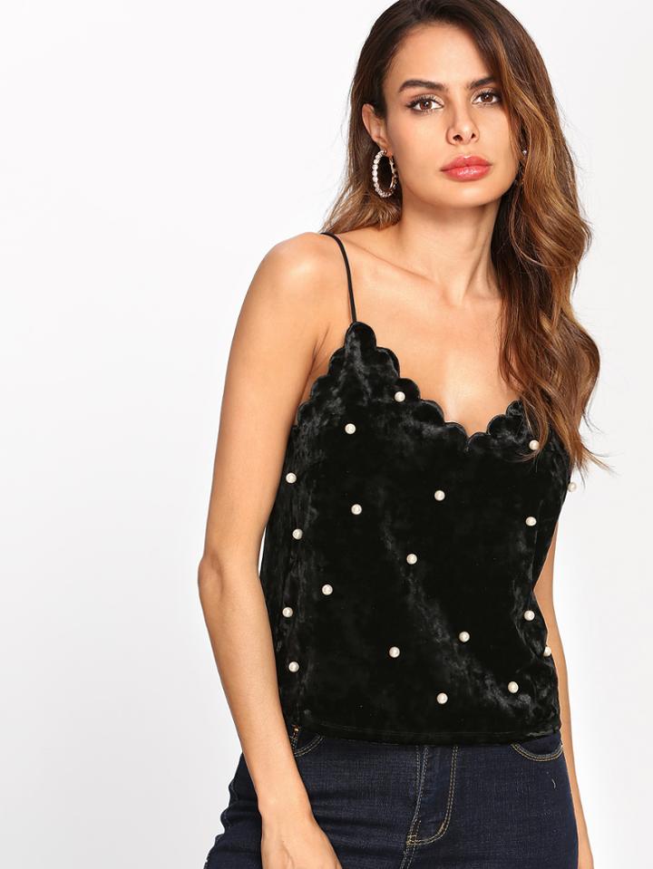 Romwe Pearl Beading Scalloped Velvet Cami Top