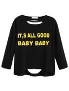 Romwe Black Slogan Print Drop Shoulder Dip Hem Ripped T-shirt