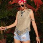 Romwe Fringe Edge Solid Suede Tank Top