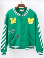 Romwe Striped Letter Embroidered Patch Green Jacket