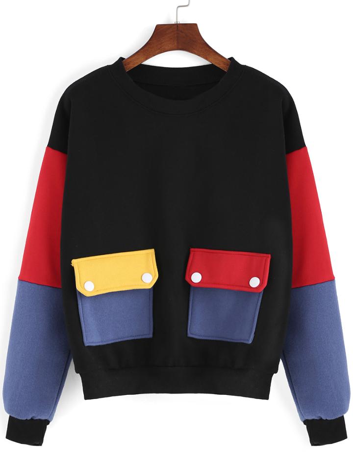 Romwe Pockets Loose Black Sweatshirt
