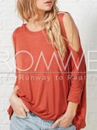 Romwe Orange Long Sleeve Cold Shoulder T-shirt