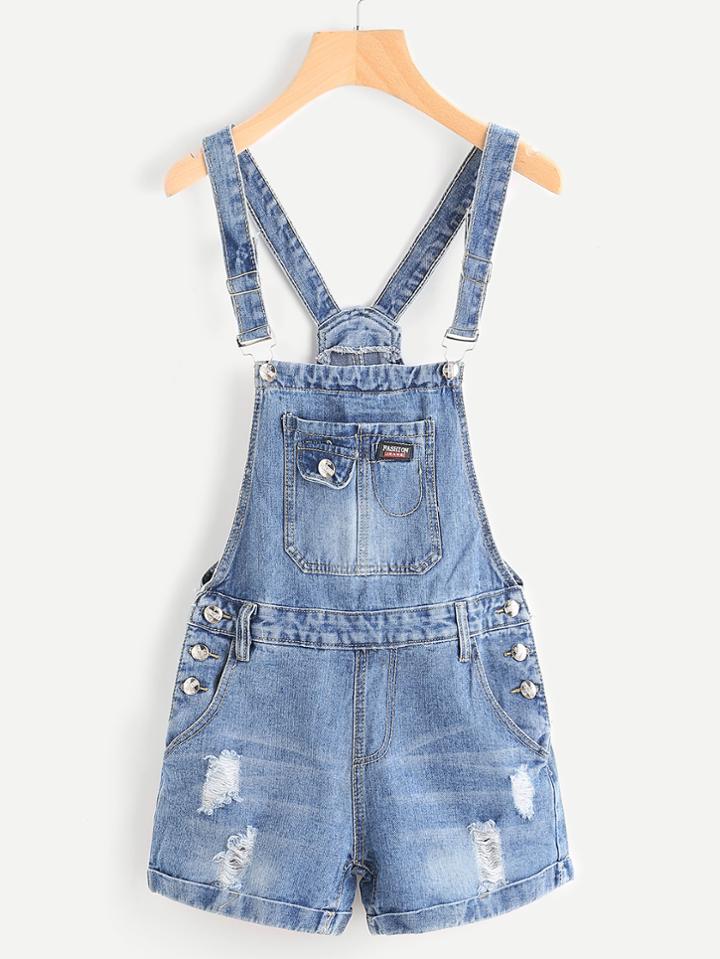 Romwe Button Detail Distress Cuffed Pinafore Romper