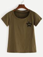 Romwe Studded Star Patch T-shirt - Olive Green