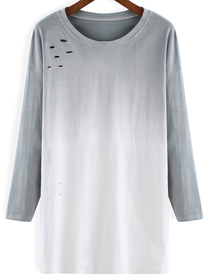 Romwe Round Neck Hollow Ombre T-shirt