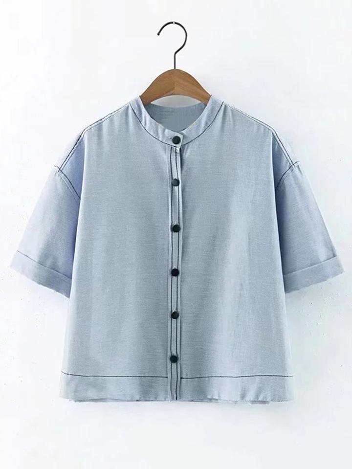 Romwe Cuffed Sleeve Topstitch Shirt