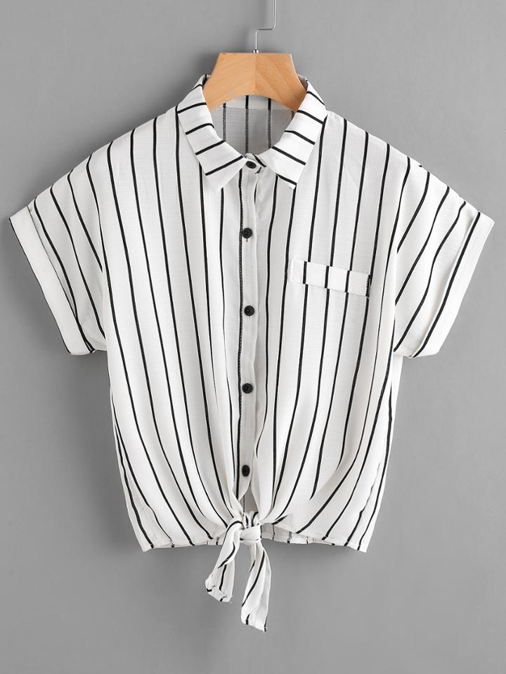 Romwe Vertical Striped Tie Front Shirt