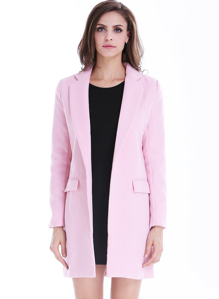 Romwe Long Pockets Collar Pink Coat