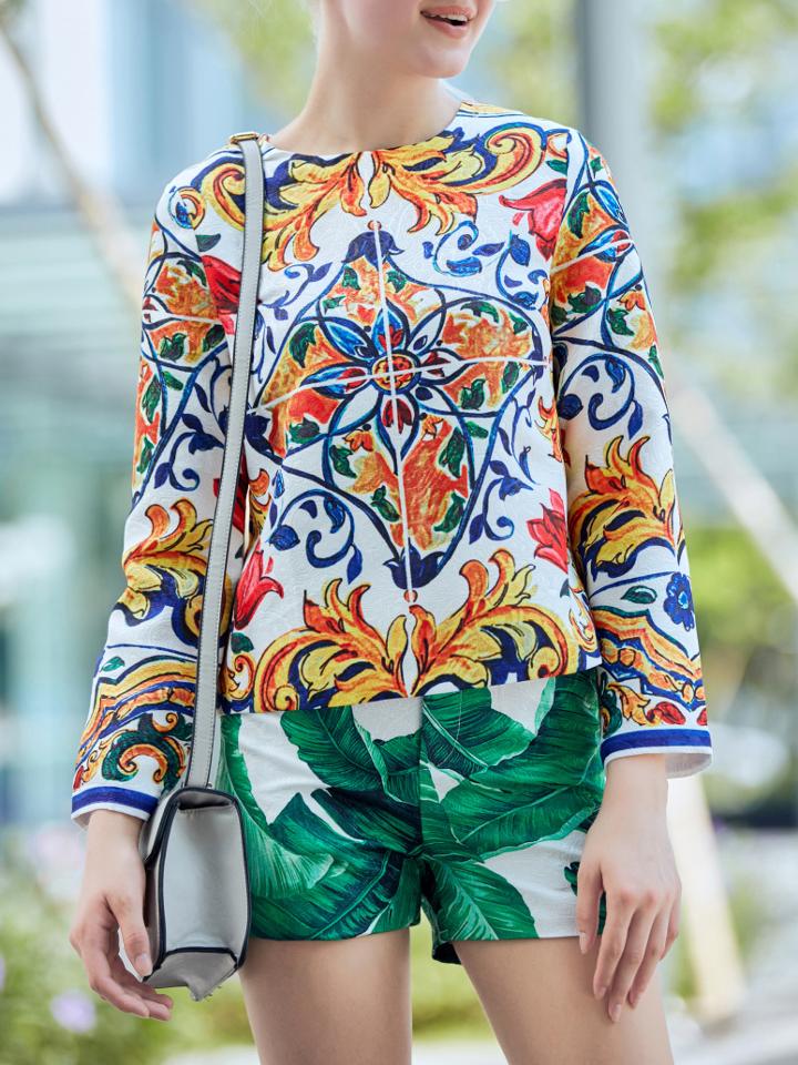 Romwe White Vintage Jacquard Top With Leaves Shorts