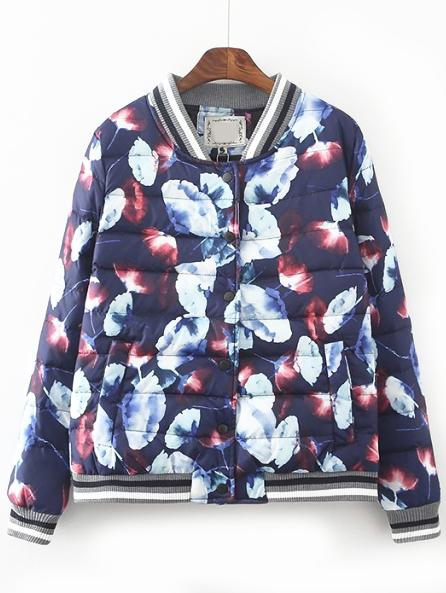 Romwe Striped Trim Florals Down Jacket