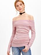 Romwe Pink Foldover Off The Shoulder Sweater