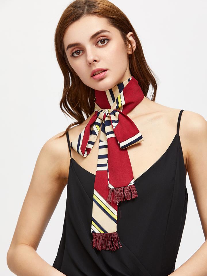 Romwe Geometric Striped Fringe Trim Skinny Scarf