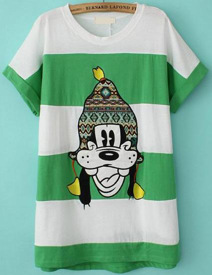 Romwe Cartoon Dog Print Green And White T-shirt