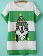 Romwe Cartoon Dog Print Green And White T-shirt