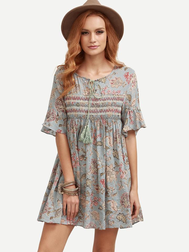 Romwe Ruffle Sleeve Florals Lace Up Dress