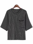 Romwe Black Half Sleeve Pocket Stripe Blouse