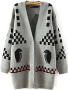 Romwe Bird Geometric Print Buttons Grey Cardigan