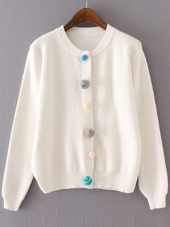 Romwe White Ribbed Trim Cardigan With Pom Pom Button