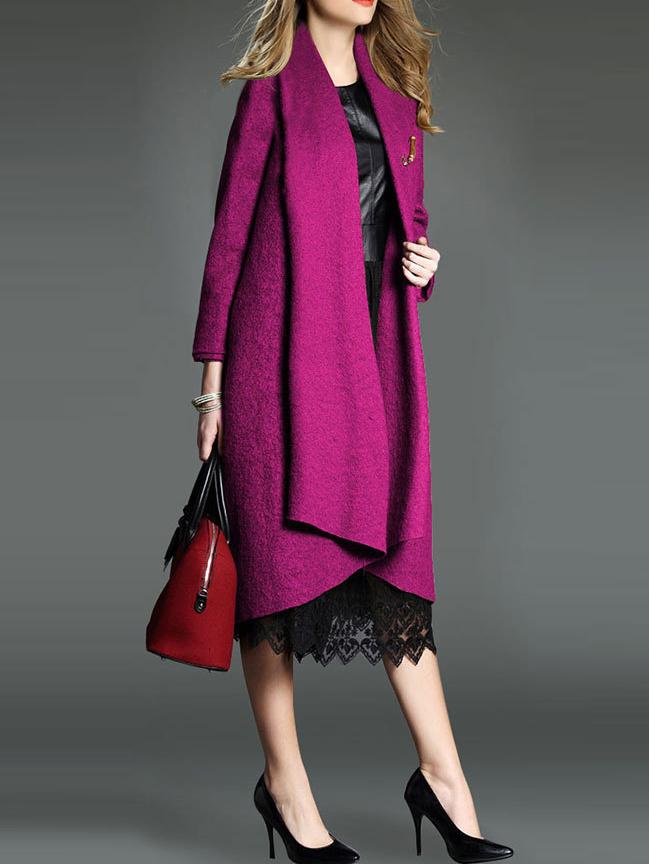 Romwe Lapel Open Front Woolen Long Rose Red Coat