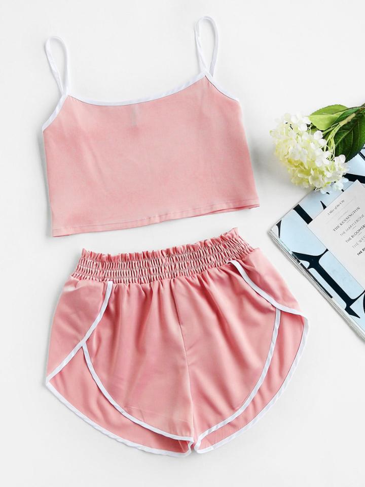 Romwe Satin Contrast Trim Crop Cami Top With Shorts