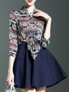 Romwe Navy Tie Elastic-waist Vintage Print Dress