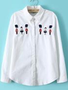 Romwe White Lapel Long Sleeve Character Embroidered Blouse